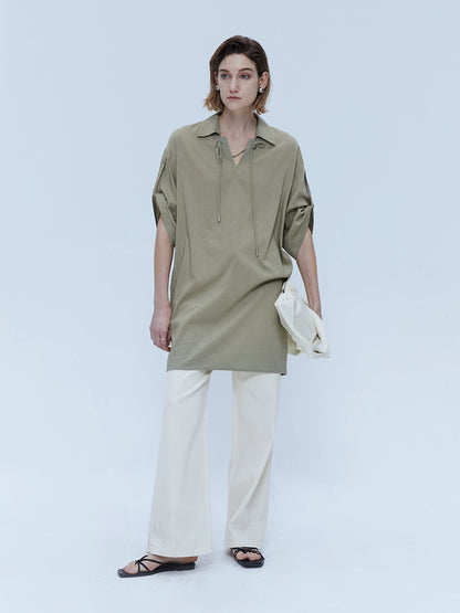 [Oferta por tiempo limitado] Camisa de lino Tencel con solapa, diseño Sense, camisa tipo polo de manga media, informal, de verano 