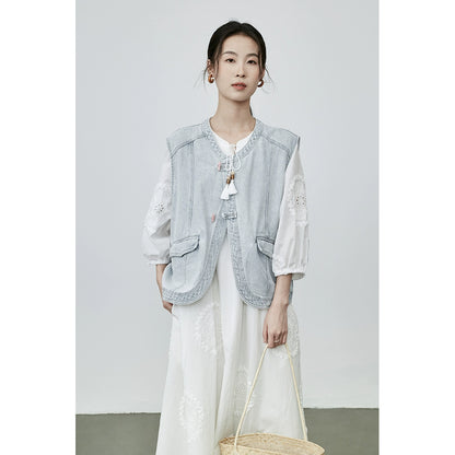 [Cowboy Traveler] Chaleco de mezclilla estilo nacional CAREMIND, chaqueta, chaleco, chaqueta, chaleco con parte superior de bambú 