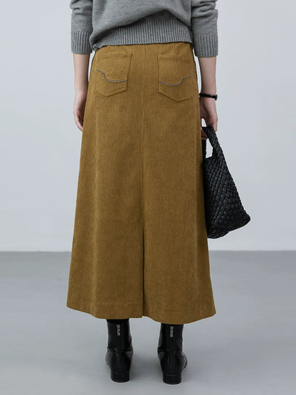 Falda retro CAREMIND que cubre la carne, falda mediana y larga de pana color jengibre para mujer 