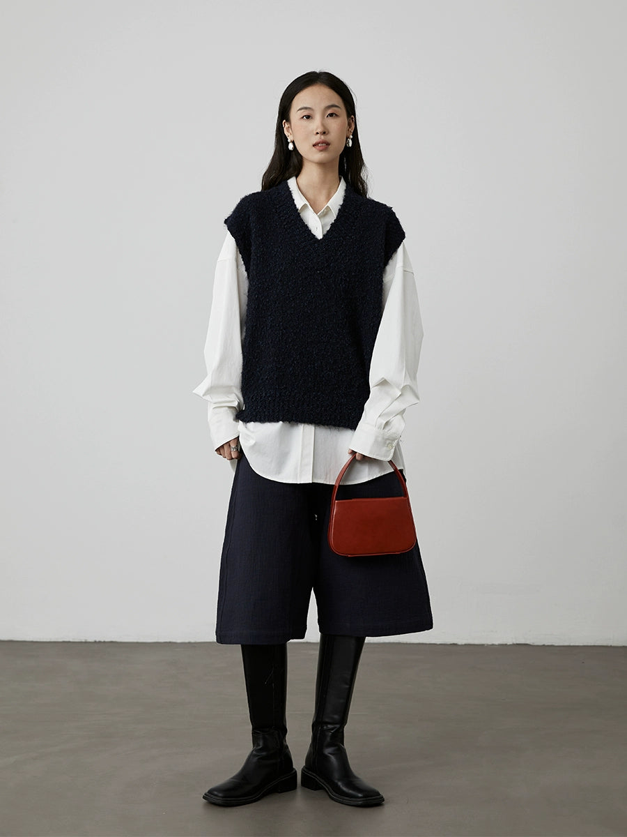 [Chaleco de lluvia de otoño] Chaleco de punto azul zafiro oscuro con cuello en V sin mangas de CAREMIND, chaleco holgado apilado, top 