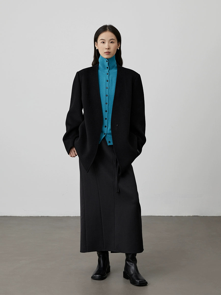 [Traje de lana sin cuello] Chaqueta francesa de pura lana CAREMIND, abrigo corto holgado de lana 