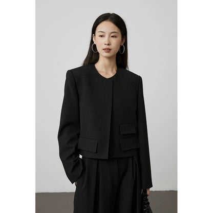 [Limpio y recto] Chaqueta pequeña de manga larga corta para mujer con traje pequeño sin cuello y hombros delanteros de CAREMIND 