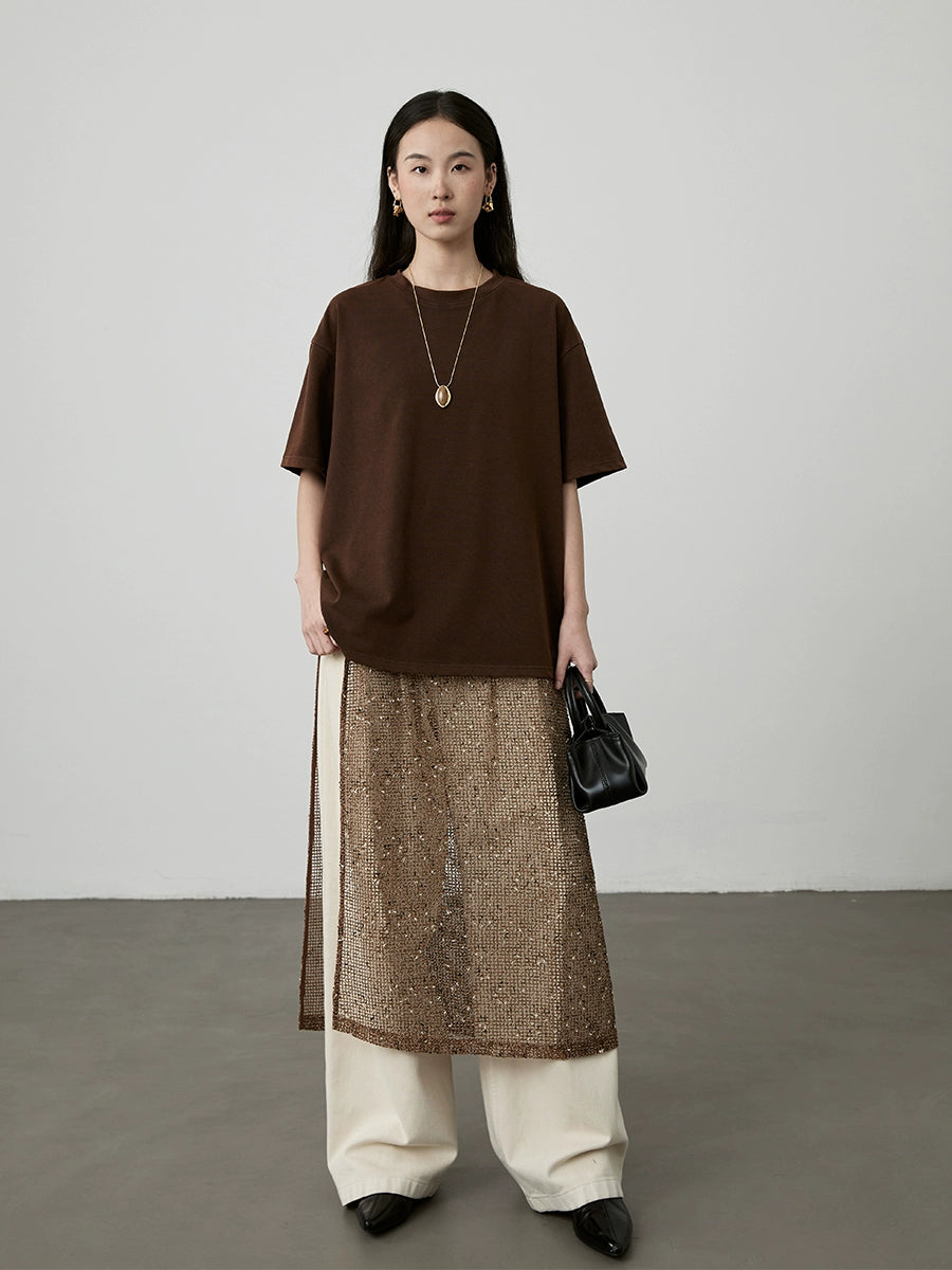 [Café helado] Camiseta holgada de cuello redondo color café de CAREMIND, camiseta fina de manga corta apilada de longitud media y larga, primavera y otoño 