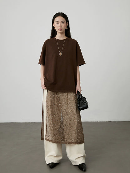 [Café helado] Camiseta holgada de cuello redondo color café de CAREMIND, camiseta fina de manga corta apilada de longitud media y larga, primavera y otoño 