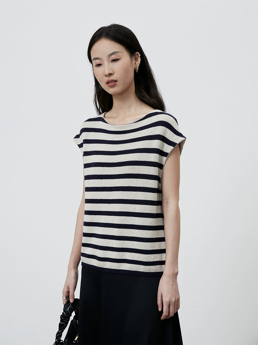 [Tarde de ocio] CAREMIND Camiseta sin mangas de punto de lino sencilla con mangas a rayas y elegante top de lino de punto para mujer 