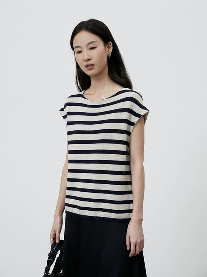 [Tarde de ocio] CAREMIND Camiseta sin mangas de punto de lino sencilla con mangas a rayas y elegante top de lino de punto para mujer 