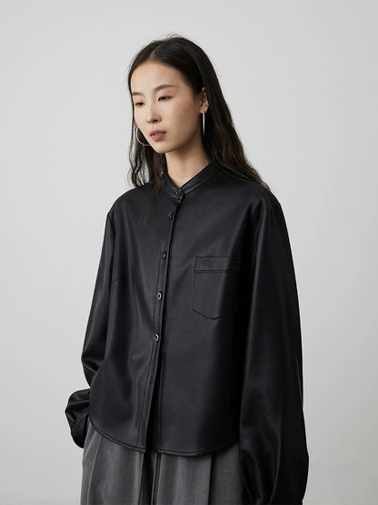 [Camisa de cerámica negra] Chaqueta de cuero negra de moda para viajeros CAREMIND, chaqueta retro corta con cuello alto pequeño 