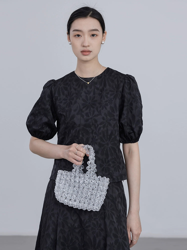 [Oferta por tiempo limitado] Conjunto de dos piezas de camiseta de manga corta con cuello redondo y falda de cintura alta con textura tridimensional en jacquard 