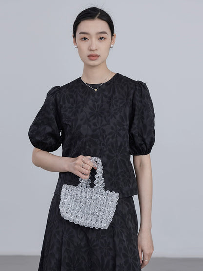 [Oferta por tiempo limitado] Conjunto de dos piezas de camiseta de manga corta con cuello redondo y falda de cintura alta con textura tridimensional en jacquard 