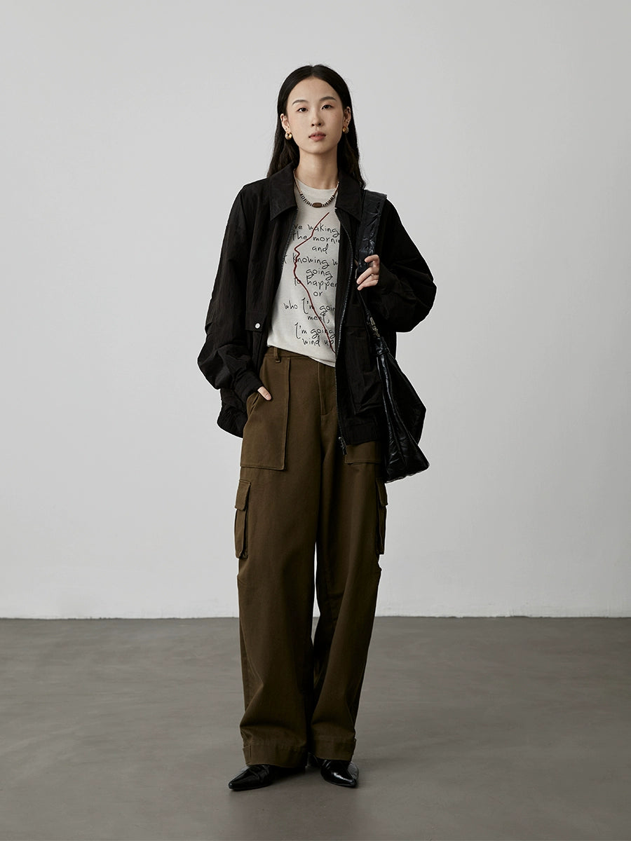 [City Tooling] Pantalones de trabajo holgados y rectos color verde oliva CAREMIND para mujer, de cintura alta, con múltiples bolsillos y pernera ancha 