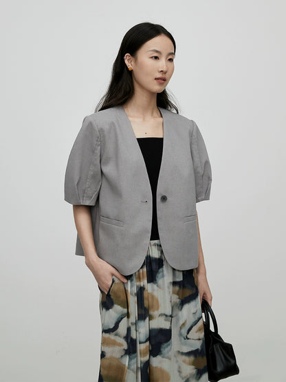 Chaqueta estilo camisa corta vintage gris CAREMIND para uso diario, cuello en V, botones, parte superior pequeña 