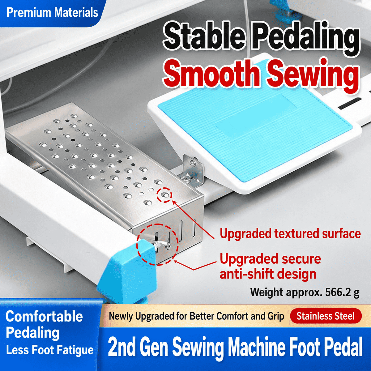 1923★ Second-Generation Stainless Steel Sewing Machine Foot Pedal Pad with Raised Anti-Slip Texture and Secure Clip Fixing.