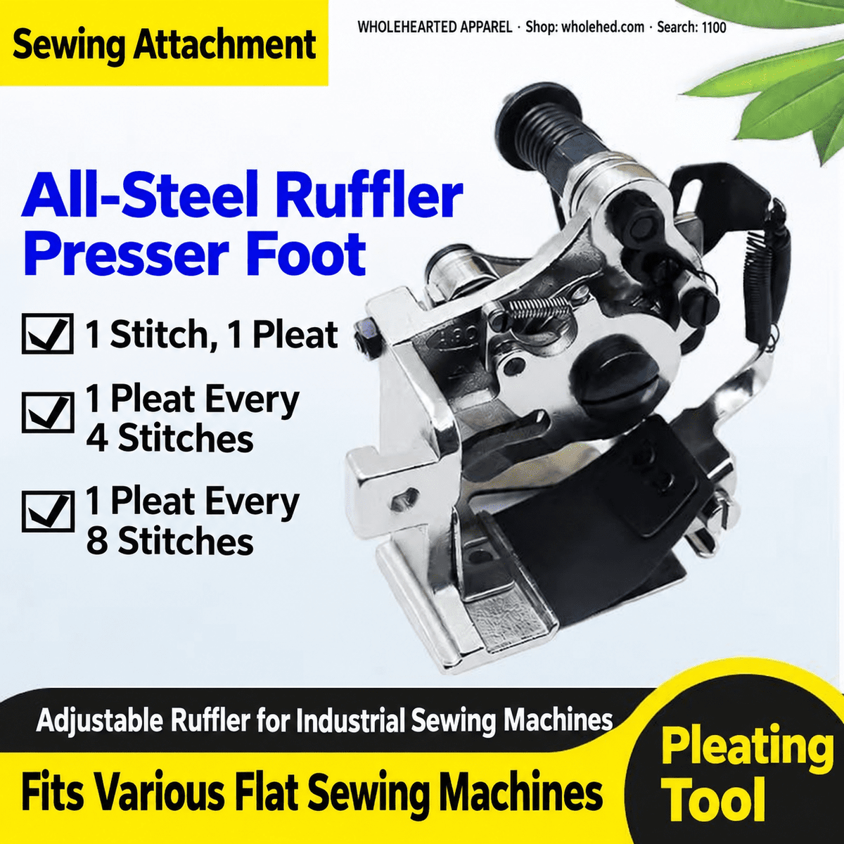 1100★ Accessorio pieghettatore automatico per macchine da cucire industriali, piedino arricciatore per pieghe a 4 e 8 punti.