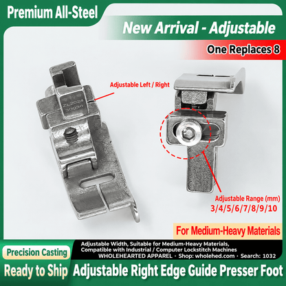 1032★ All-Steel Adjustable Right Edge Guide Presser Foot for Industrial Lockstitch Machines, Medium-Heavy Fabrics, Visible and Concealed Stitching.