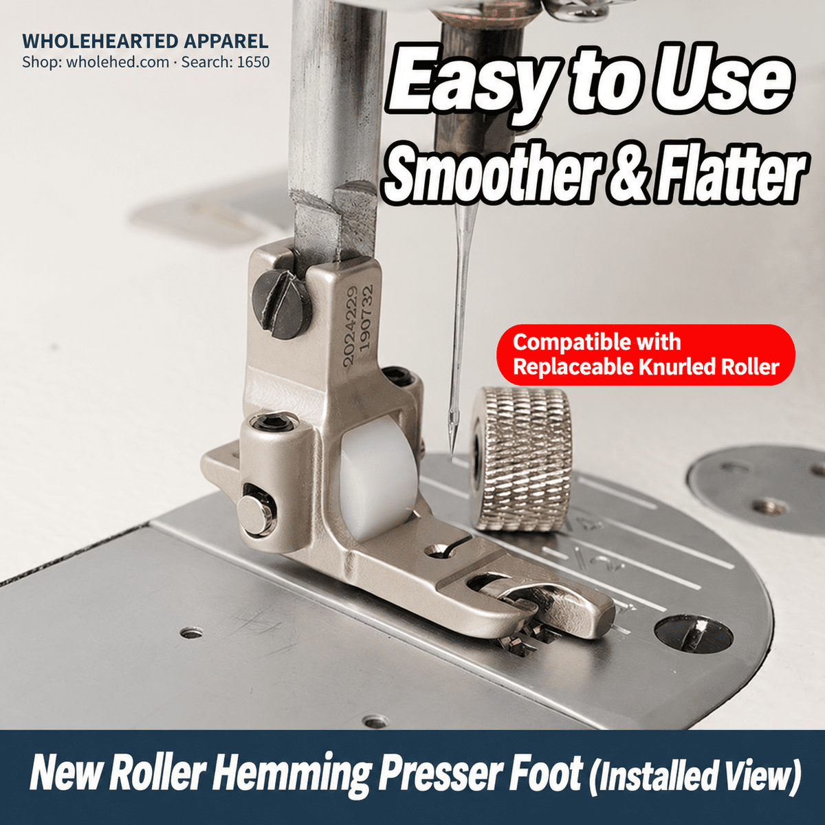 1650★ 0.3 Roller Hemming Presser Foot, Electroplated All-Steel Edge Folding Foot for Industrial Lockstitch Sewing Machines.