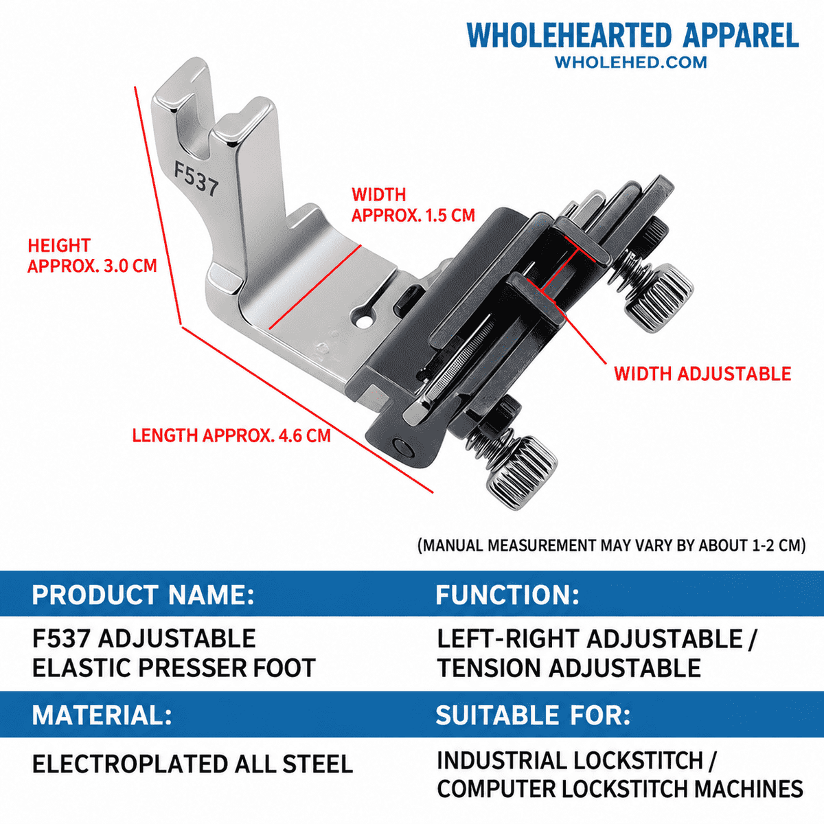 1610★ Adjustable Elastic Presser Foot for Industrial Sewing Machines, Electroplated All-Steel, for Elastic Bands and Shoulder Straps.