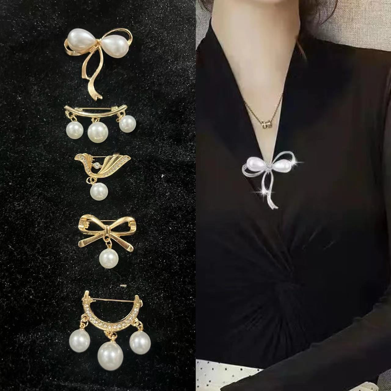 1877★ Alloy Rhinestone and Pearl Modesty Brooch Pin★