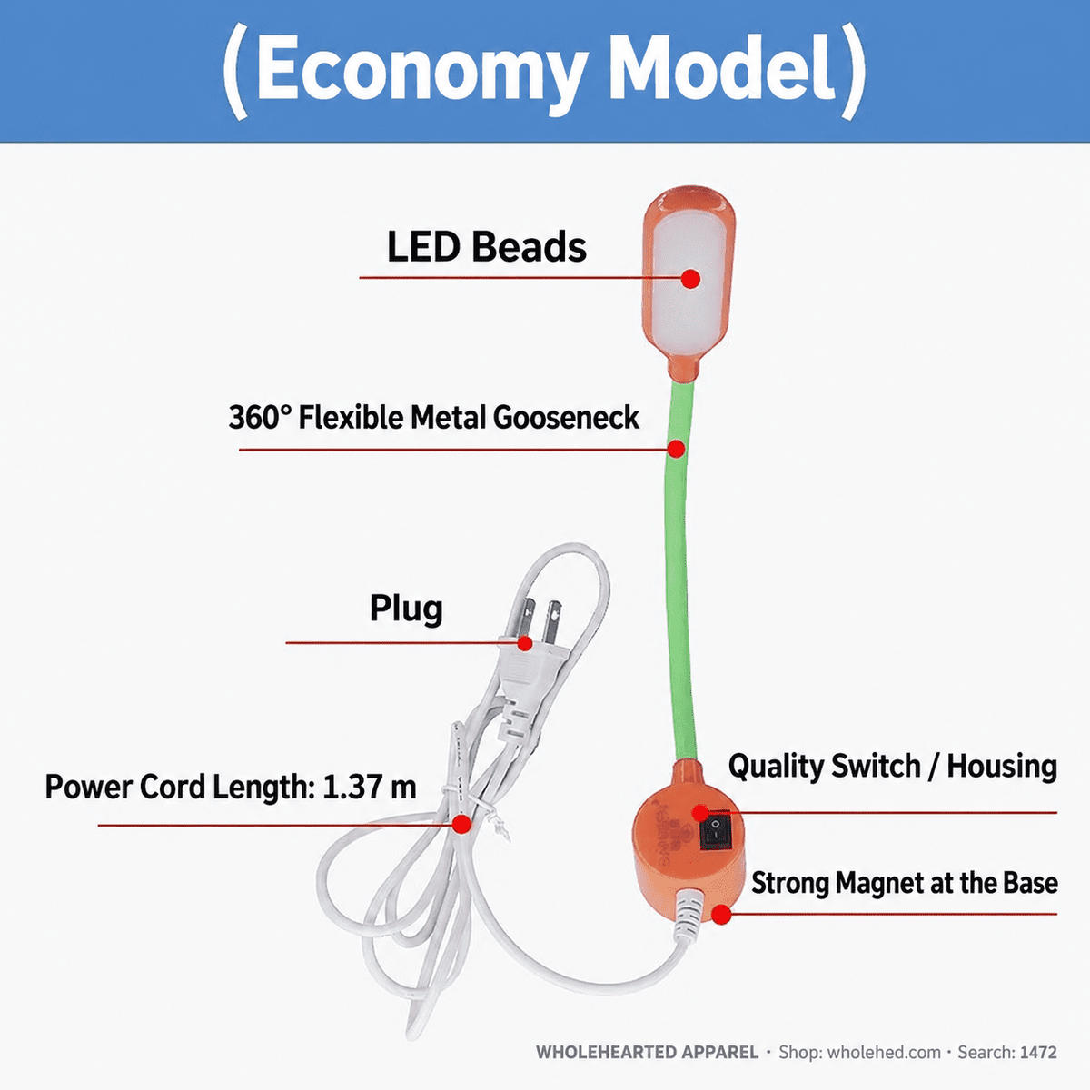 1472★ Plug-In LED Sewing Machine Work Light with Touch Dimming and Energy-Saving Illumination.