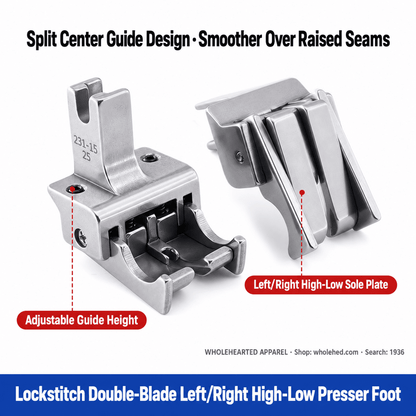 1936★ All-Steel Dual-Blade High-Low Presser Foot for Lockstitch Machines, Adjustable Left/Right Dual Edge Guides, 0.6/0.8 cm Seam Allowances.