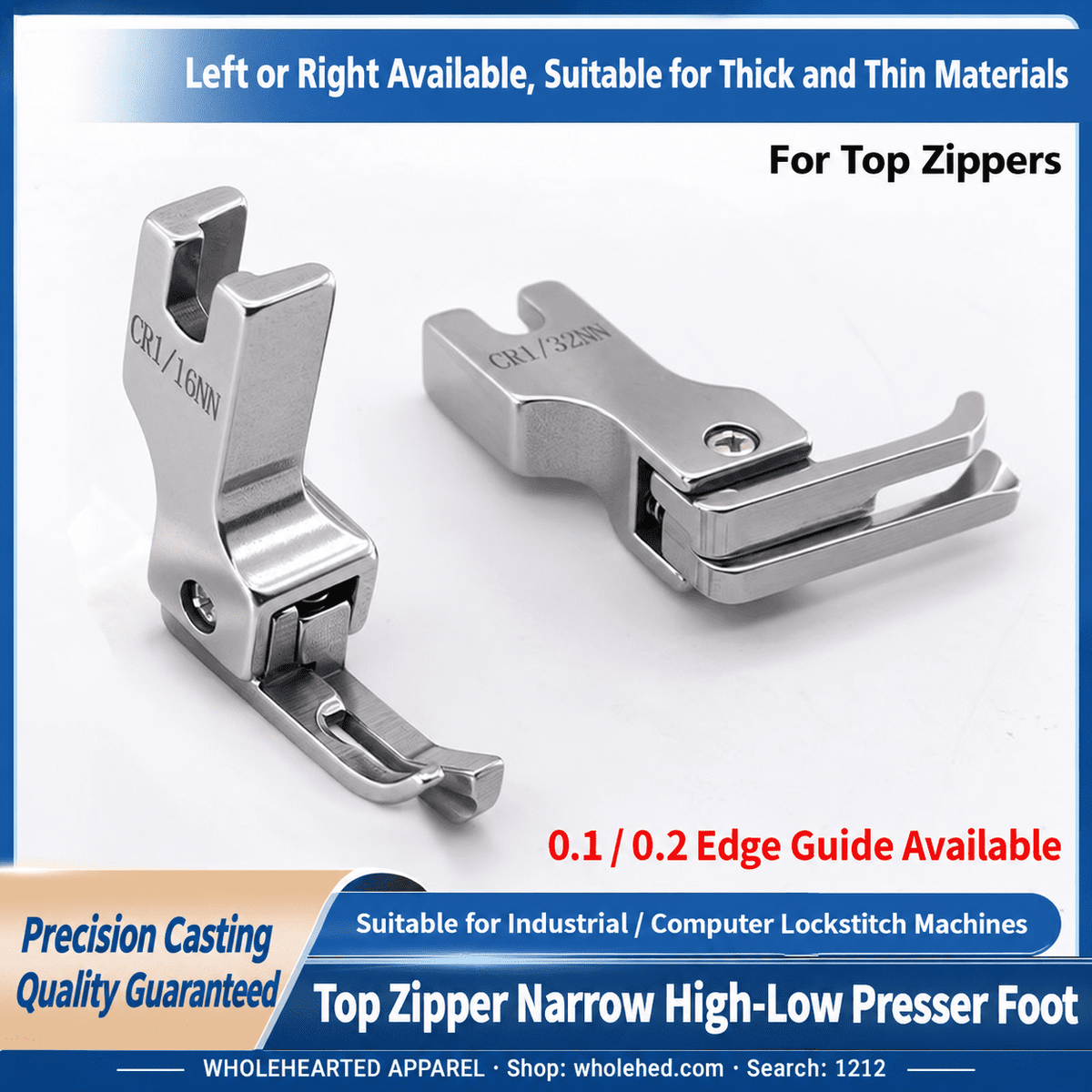 1212★ New Arrivals 2 | More Options | Narrow High-Low Zipper Presser Foot for Industrial Lockstitch Sewing Machines, 0.1/0.2 cm Edge Stitching