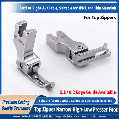 1212★ New Arrivals 2 | More Options | Narrow High-Low Zipper Presser Foot for Industrial Lockstitch Sewing Machines, 0.1/0.2 cm Edge Stitching