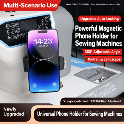 1698★ Universal Magnetic Phone Holder for Sewing Machines with Vibration-Resistant Design and Adjustable Portrait or Landscape Viewing.