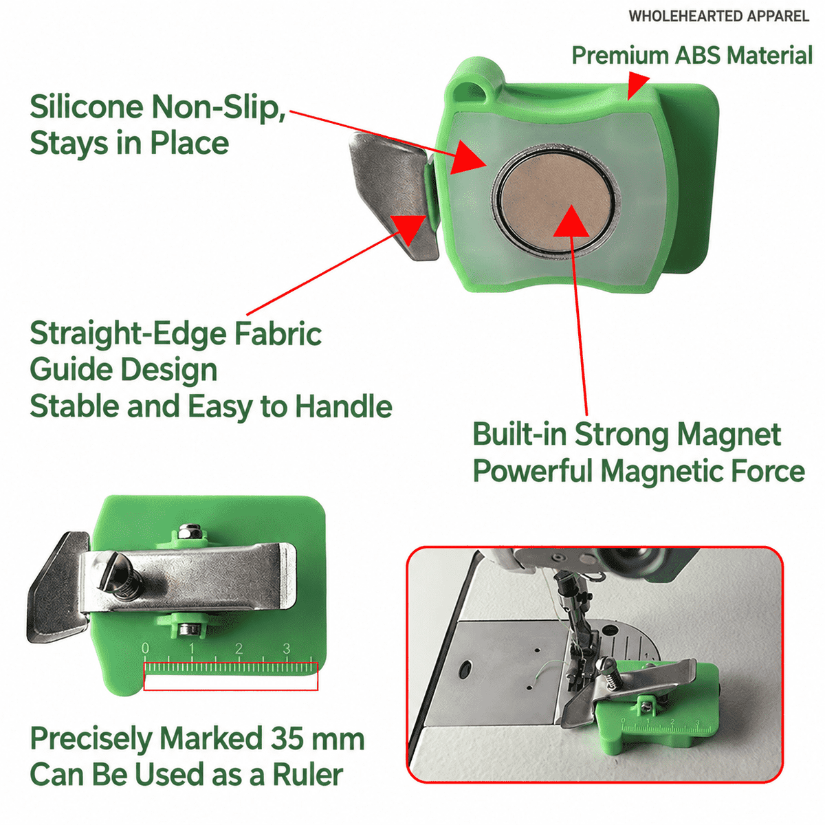 1015★ Adjustable Magnetic Seam Guide for Sewing Machines with Silicone Non-Slip Base and Built-In Scale.