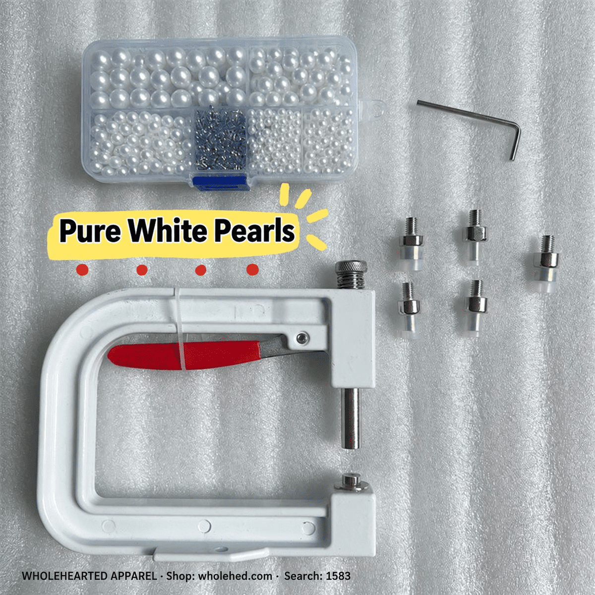 1583★ Portable Manual Pearl and Rhinestone Setting Machine Kit with One Box of No-Hole Faux Pearls and Four-Prong Studs.