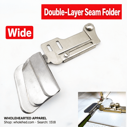 1518★ Industrial Flatbed Sewing Machine Seam Folder with Adjustable Dual-Layer Fabric Alignment and Straight-Grain Edge Folding Guide.