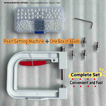 1583★ Portable Manual Pearl and Rhinestone Setting Machine Kit with One Box of No-Hole Faux Pearls and Four-Prong Studs.