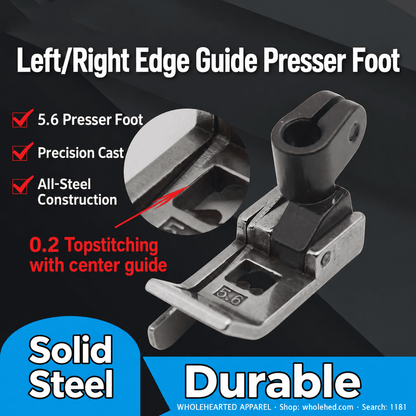 1181★ Left/Right Edge Guide Presser Foot for 3-Needle 5-Thread Coverstitch Machines, 5.6 mm Needle Gauge, 0.1/0.2 Topstitching.