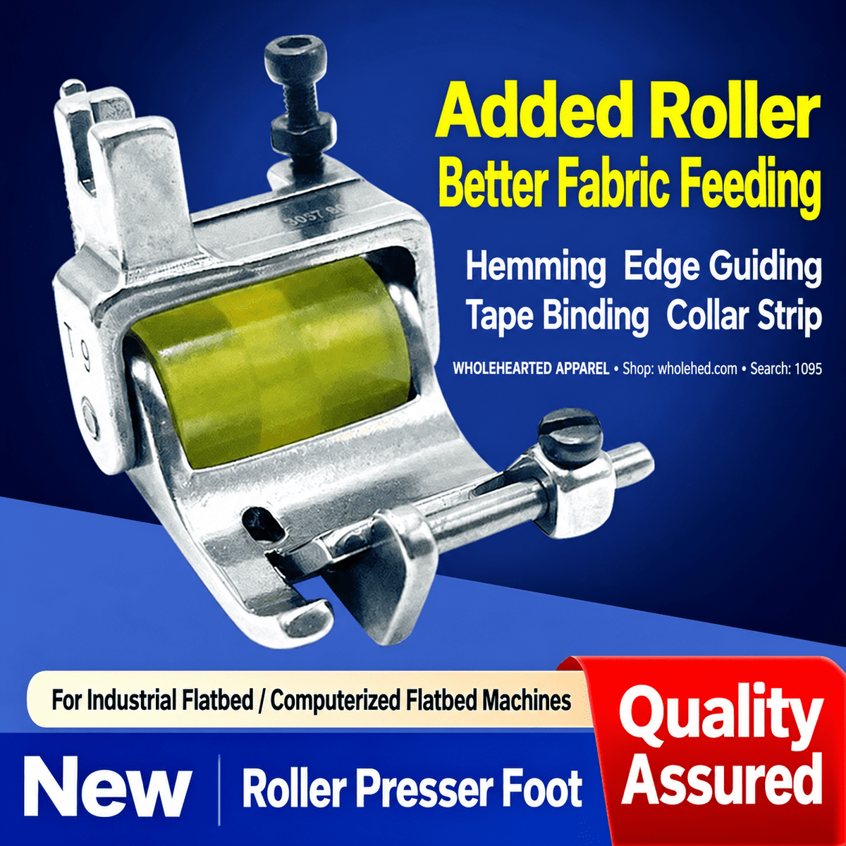 1095★ Adjustable-Width Roller Hemming Presser Foot for Industrial Flatbed Sewing Machines, Pant Hems and Shirt Collars