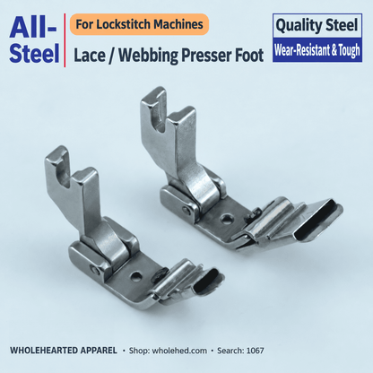 1067★ All-Steel Presser Foot for Computerized Lockstitch Sewing Machines, Back Neck Tape, Webbing and Lace Guide.