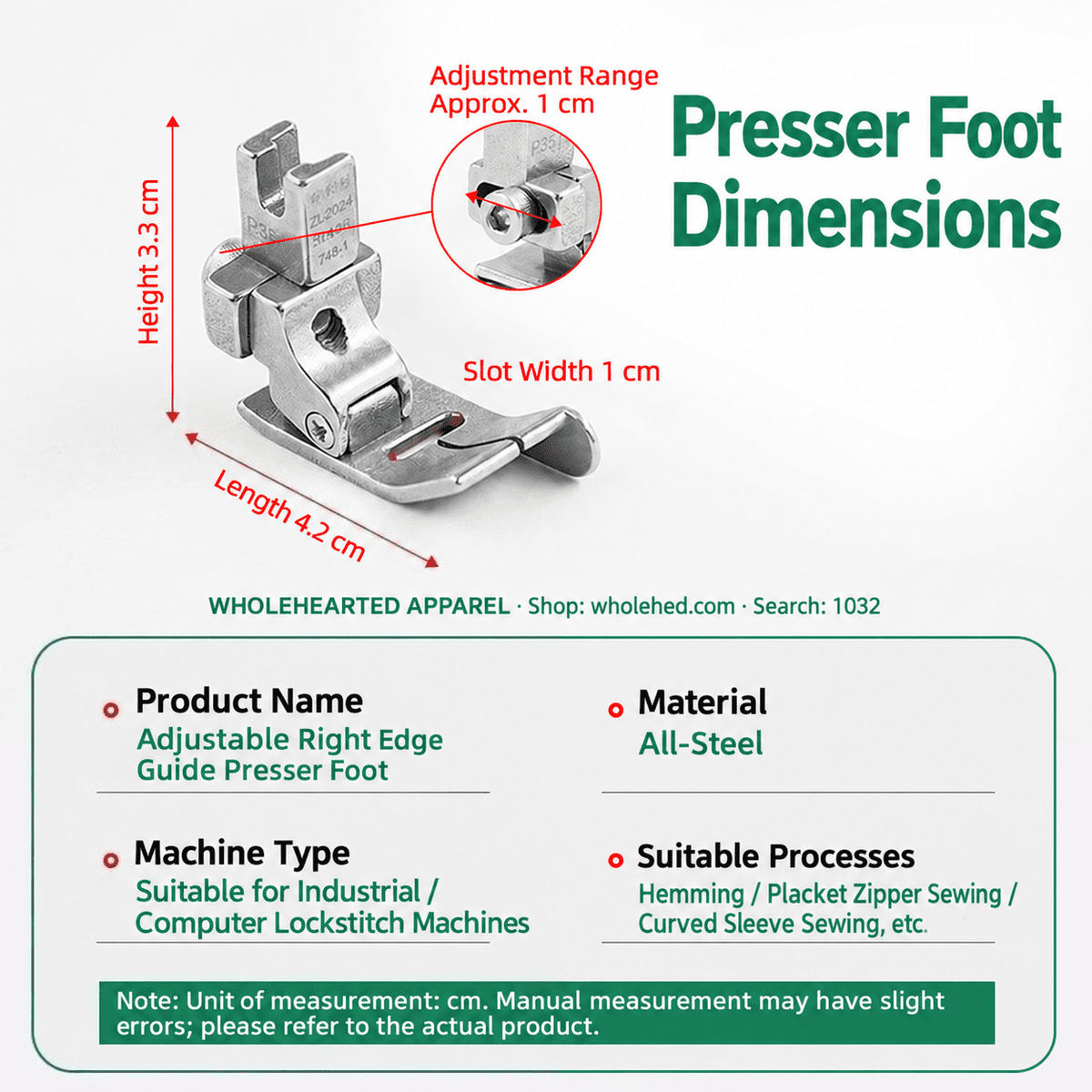 1032★ All-Steel Adjustable Right Edge Guide Presser Foot for Industrial Lockstitch Machines, Medium-Heavy Fabrics, Visible and Concealed Stitching.