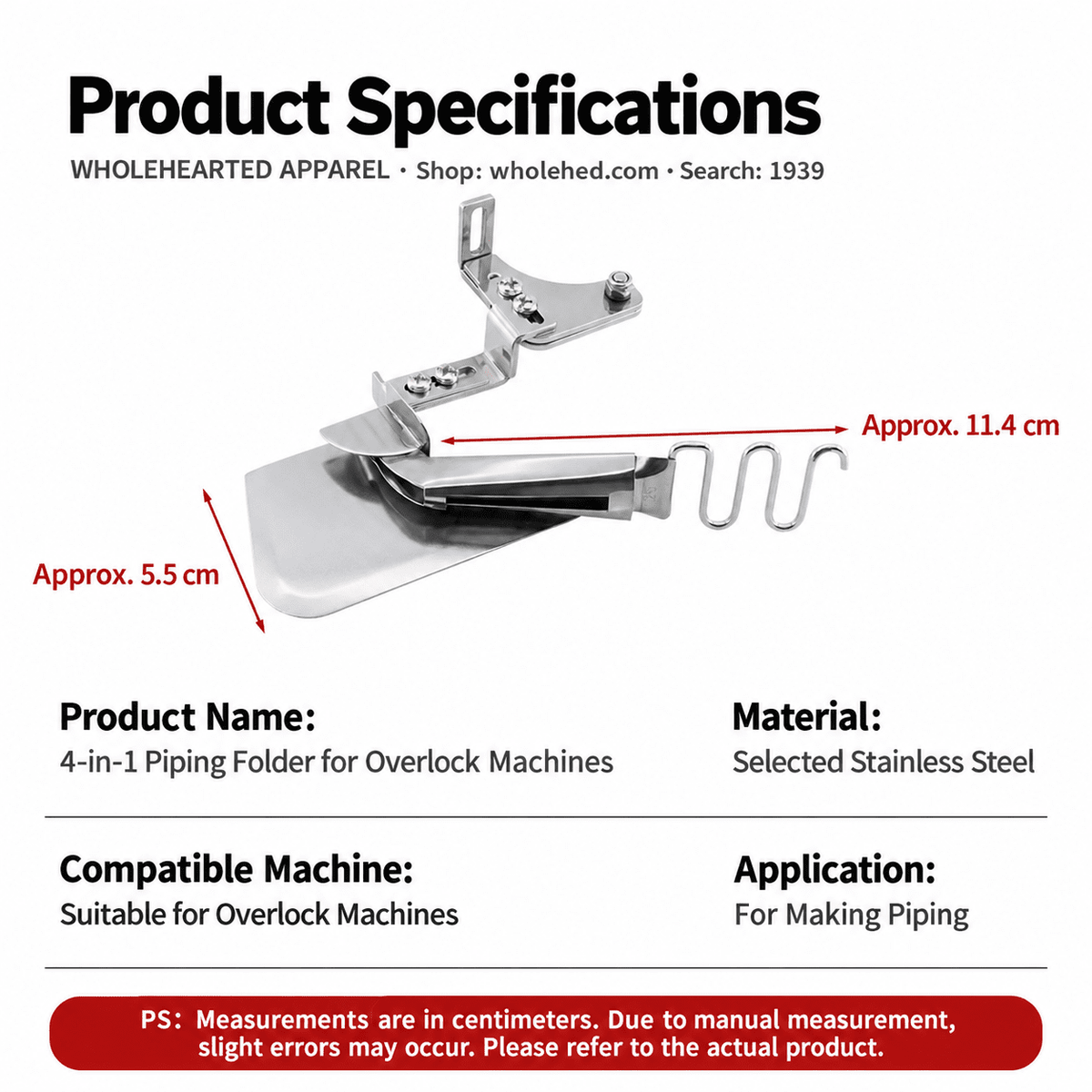 1939★ Cartella in acciaio inox 4 in 1 per bordature e rifiniture, con piedino premistoffa scanalato compatibile con EX/747 per tagliacuci