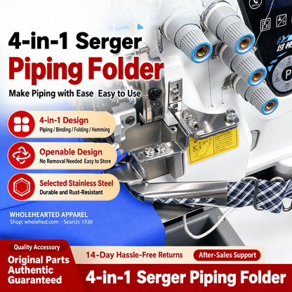 1936★ 4-in-1 Stainless Steel Piping and Edge Binding Folder with EX/747 Compatible Grooved Presser Foot for Overlock Machines