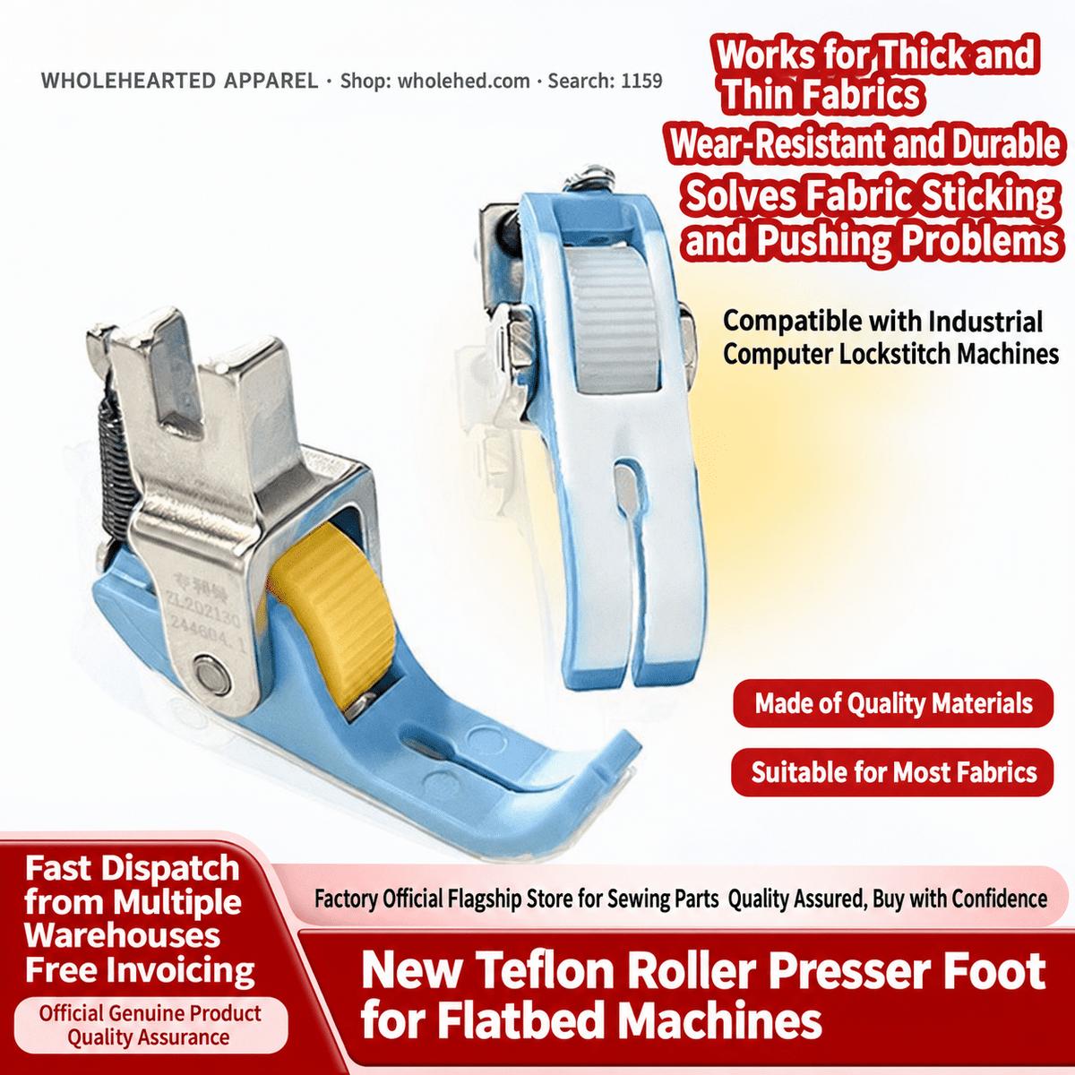 1159★ Teflon Narrow Roller Presser Foot with Plastic Sole for Flatbed Sewing Machines, Suitable for Thin and Thick Fabrics