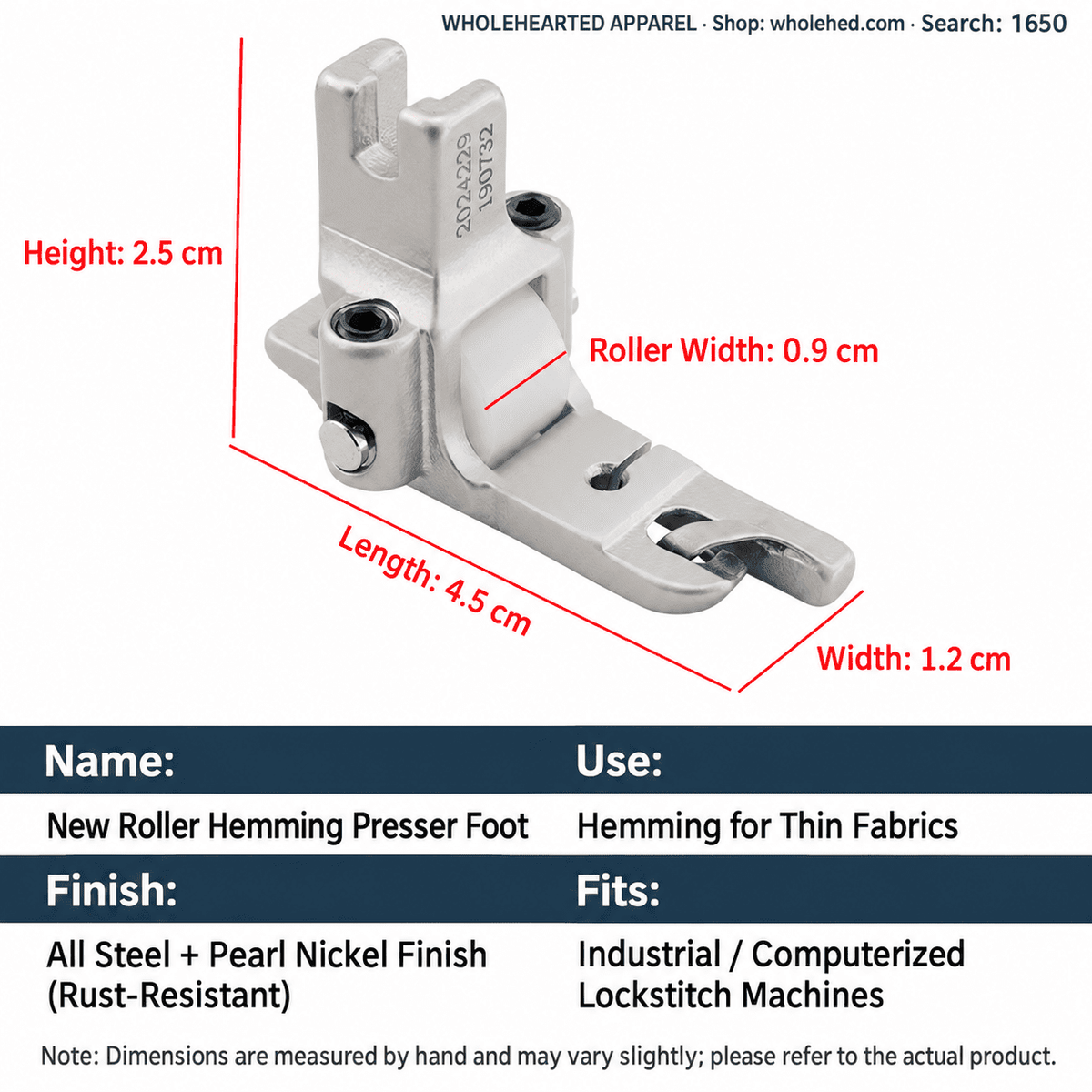 1650★ 0.3 Roller Hemming Presser Foot, Electroplated All-Steel Edge Folding Foot for Industrial Lockstitch Sewing Machines.