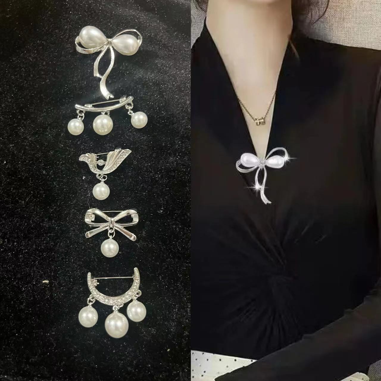 1877★ Alloy Rhinestone and Pearl Modesty Brooch Pin★