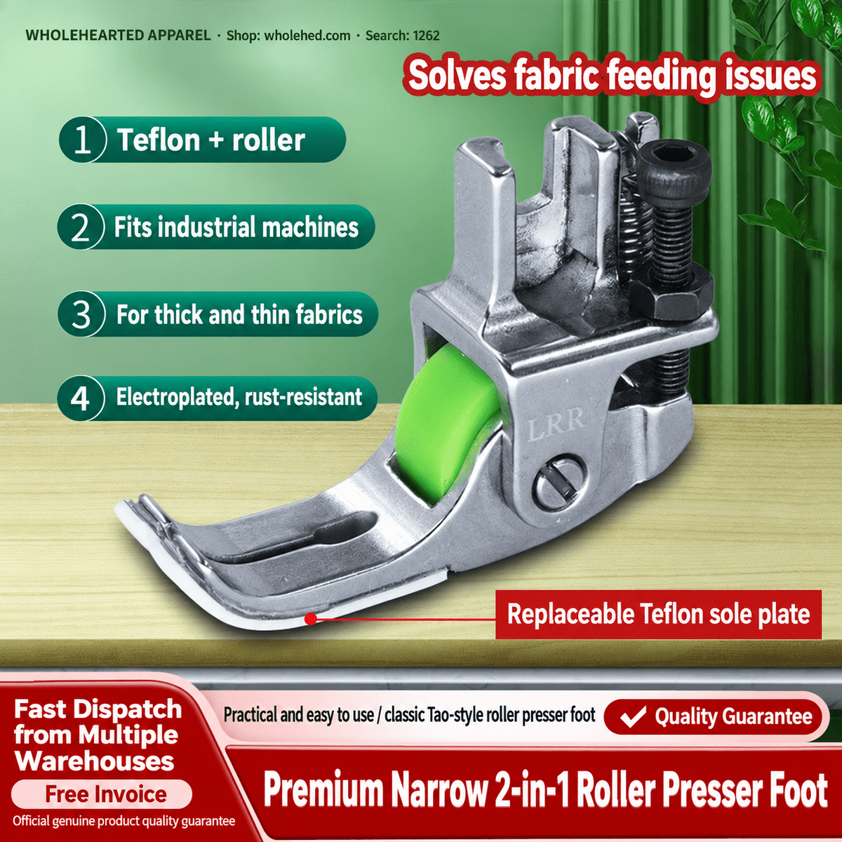 1262★ Premium Narrow 2-in-1 Teflon Roller Presser Foot for Thick Fabrics, Leather, Padded Jackets, Down Jackets & Curtains – Helps Prevent Fabric Jamming