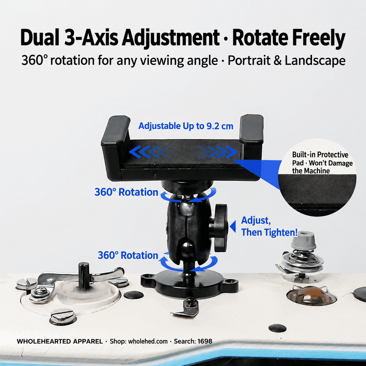 1698★ Universal Magnetic Phone Holder for Sewing Machines with Vibration-Resistant Design and Adjustable Portrait or Landscape Viewing.