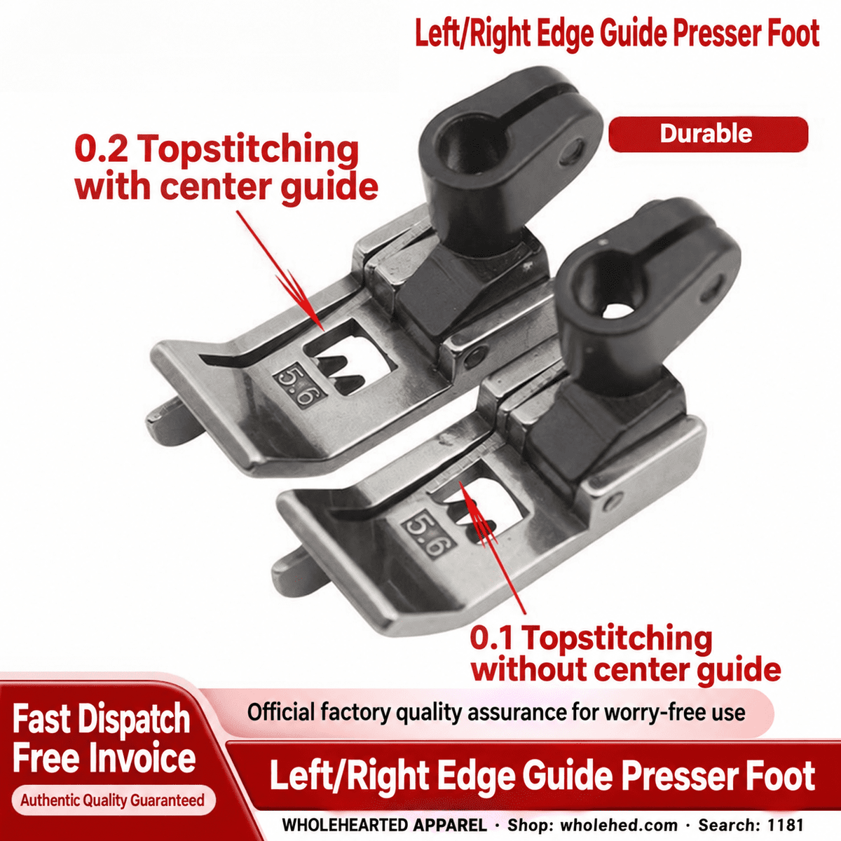 1181★ Left/Right Edge Guide Presser Foot for 3-Needle 5-Thread Coverstitch Machines, 5.6 mm Needle Gauge, 0.1/0.2 Topstitching.