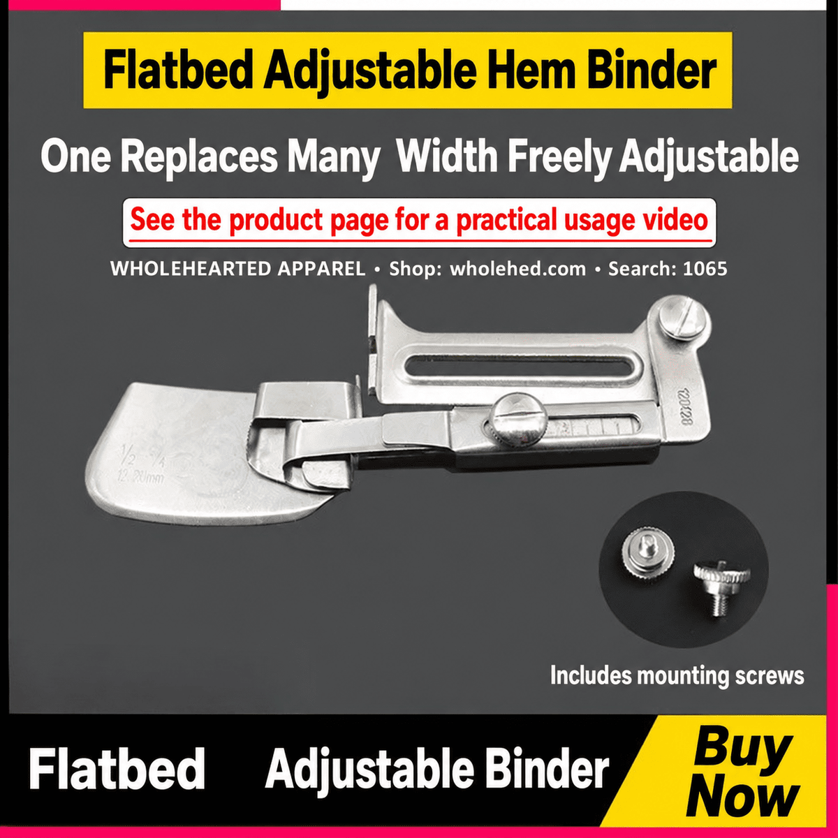 1065★ Adjustable Hem Binder for Industrial Sewing Machines, 1/2–3/4 Inch, Adjustable Width 12–20mm.