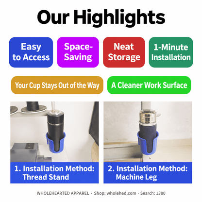 1380★ Sewing Machine Cup Holder, No-Drill Installation, Space-Saving Design, Thickened ABS Plastic.