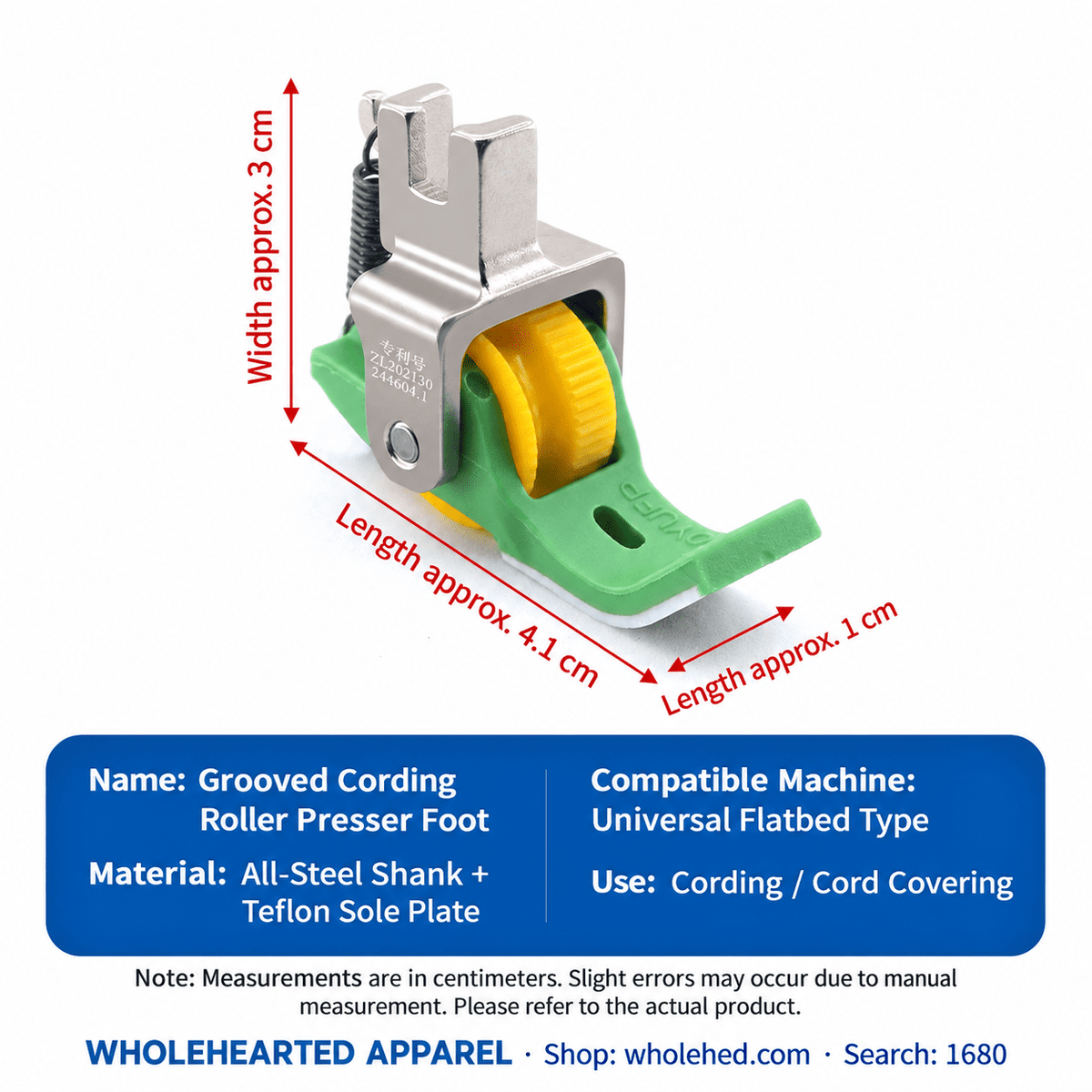 1680★ Teflon Grooved Cording Roller Presser Foot for Flatbed Sewing Machines, Cord Piping and Sewing Accessories.