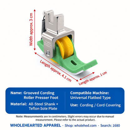 1680★ Teflon Grooved Cording Roller Presser Foot for Flatbed Sewing Machines, Cord Piping and Sewing Accessories.
