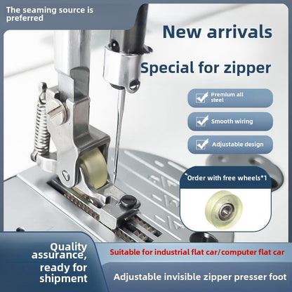 1007★ New Flat Car Adjustable Invisible Zipper Roller Presser Foot Sewing Machine Zipper Special Wheel Presser Foot No Wrinkle